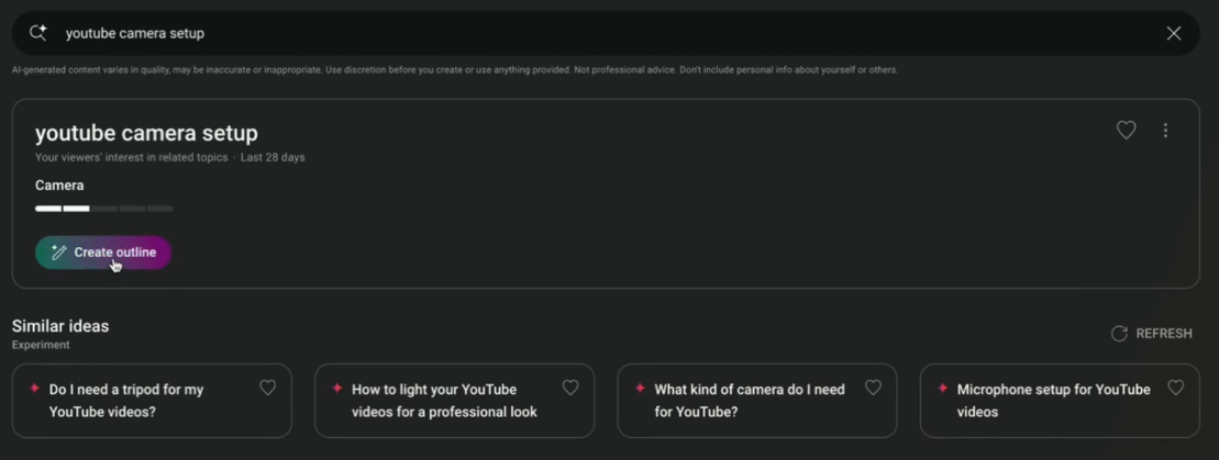 YouTube Studio Inspiration Tab AI Outline