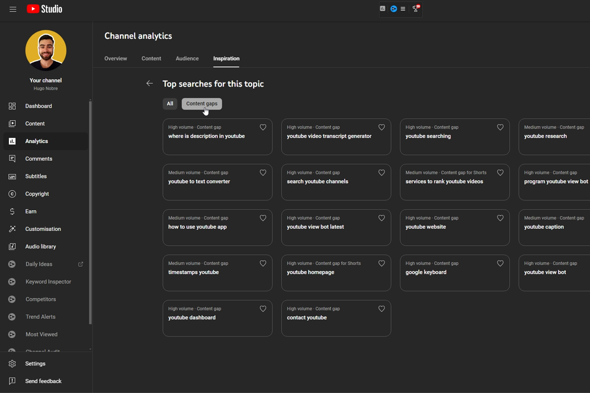 YouTube Studio Inspiration Tab Content Gaps