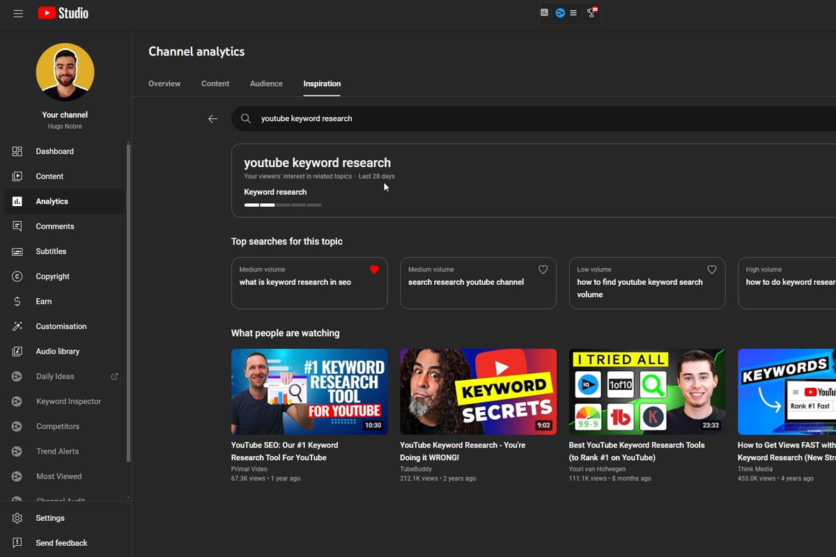 YouTube Studio Inspiration Tab Search