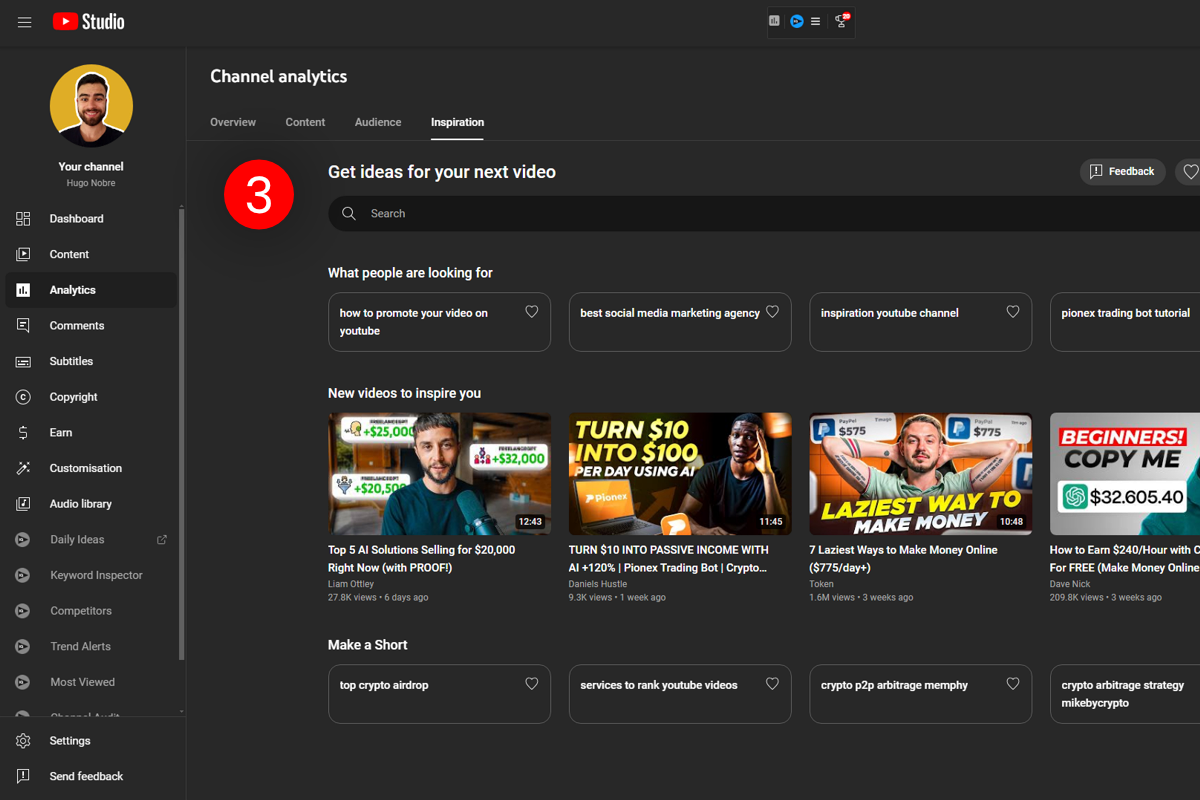 YouTube Studio Inspiration Tab